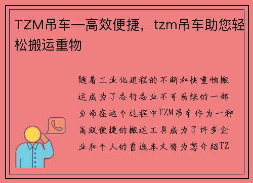 TZM吊车—高效便捷，tzm吊车助您轻松搬运重物