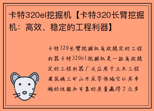 卡特320el挖掘机【卡特320长臂挖掘机：高效、稳定的工程利器】