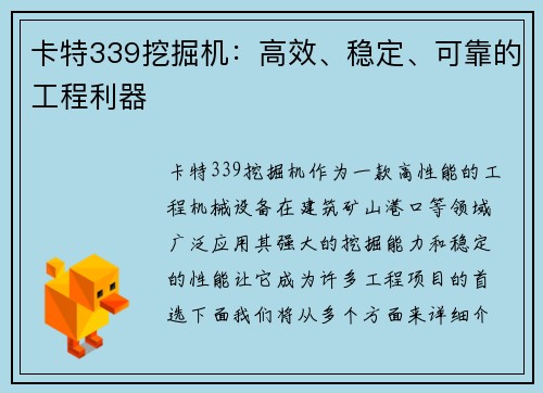 卡特339挖掘机：高效、稳定、可靠的工程利器